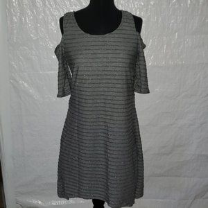 NEW! Gray Glitter-Stripe Cold Shoulder Shift Dress
